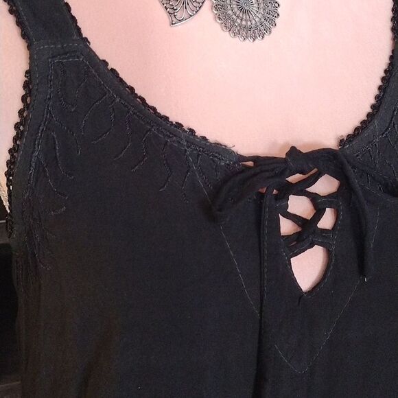 VTG 90s Black Gold Hawaiian Embroidered Fairycore Mini Dress Medium - Picture 4 of 16